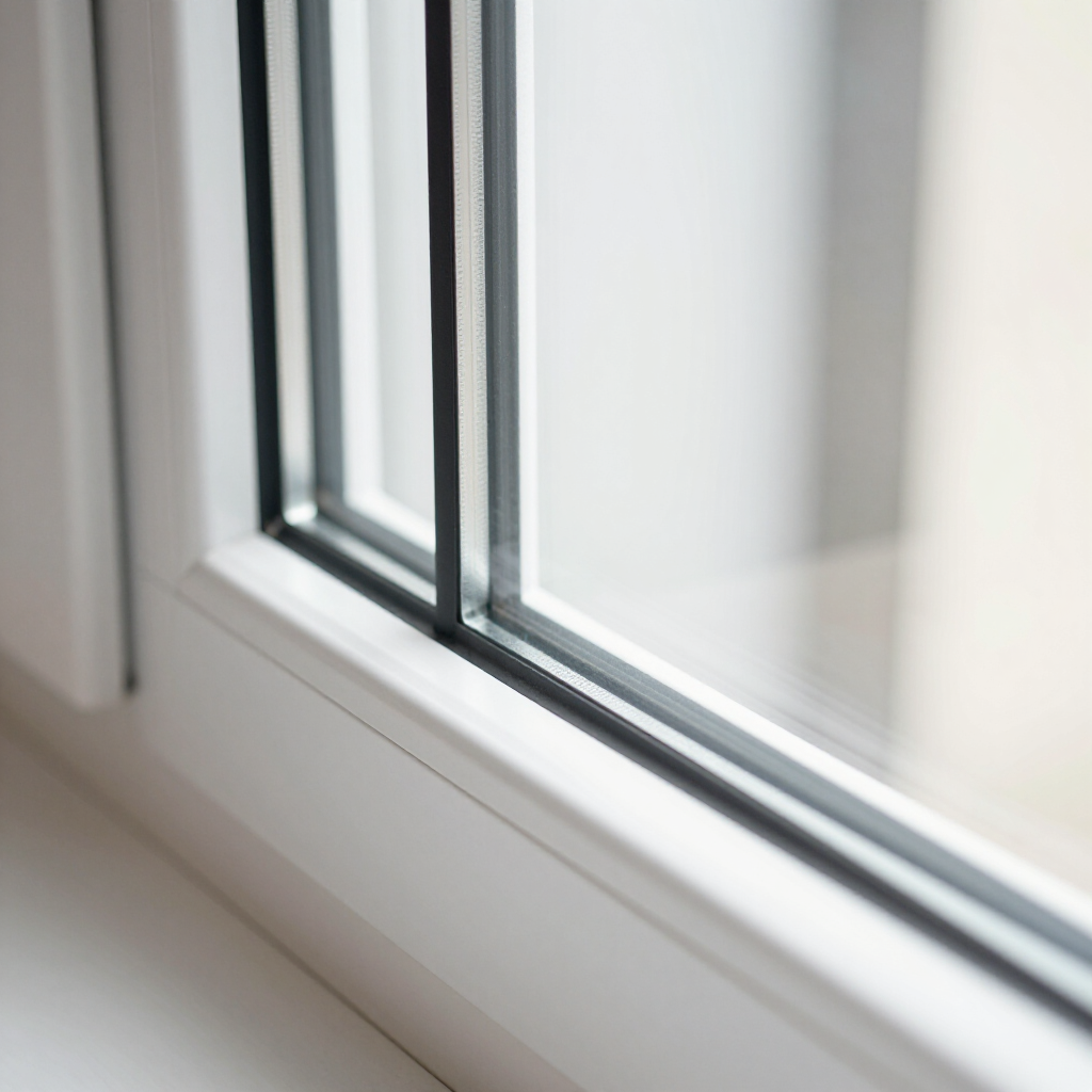 Detalle de ventana con marco blanco con dos paneles de vidrio, un sellador negro y un alféizar blanco.