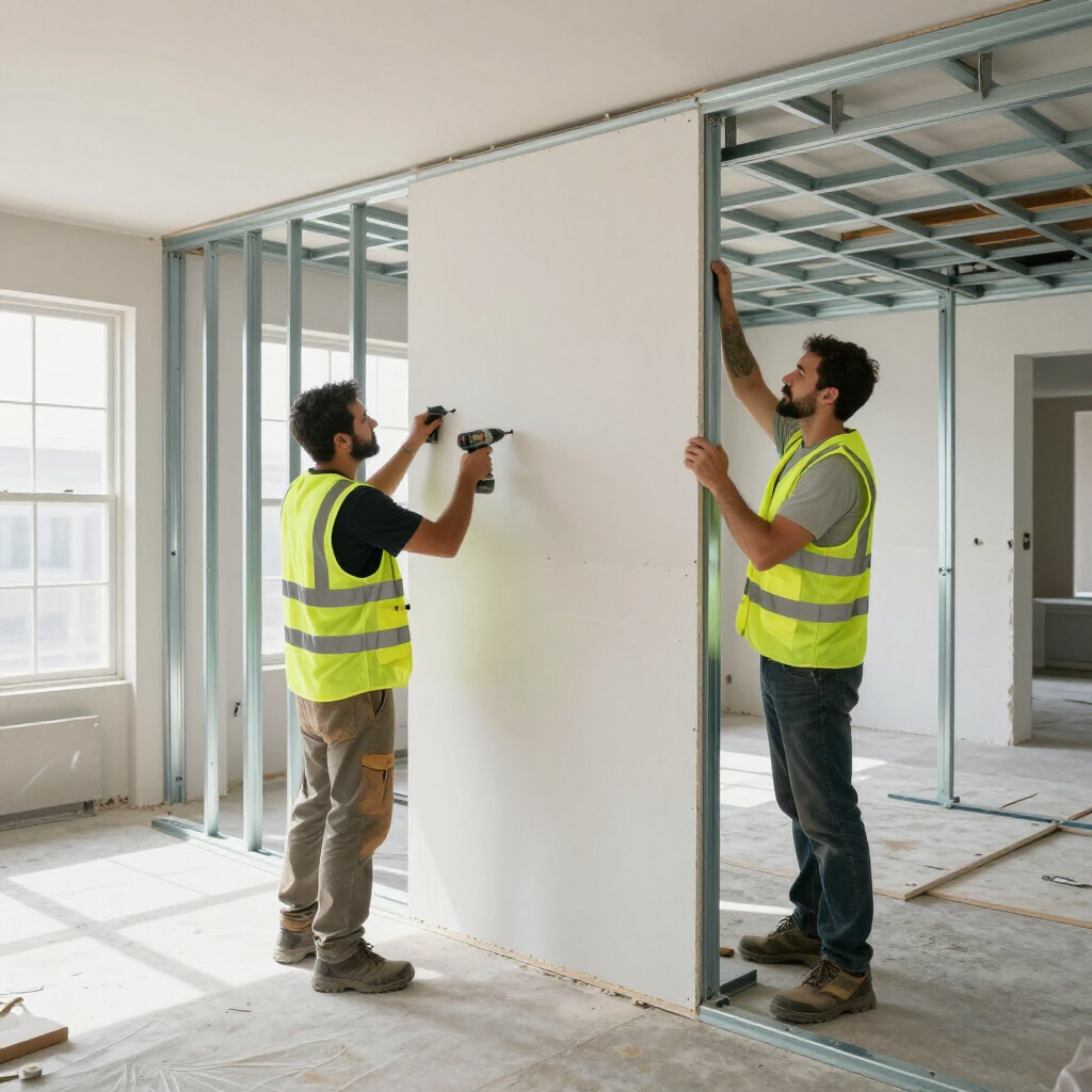 Dos trabajadores instalan paneles de yeso sobre montantes metálicos en una habitación, ambos llevan chalecos de seguridad.