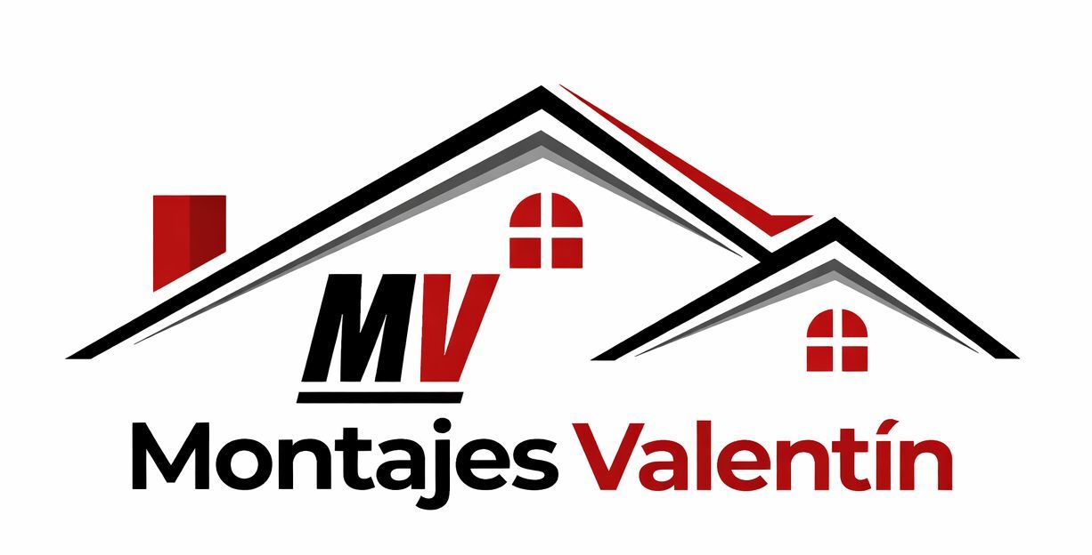 Logotipo: Silueta de casa con texto "MV" y "Montajes Valent&iacute;n". Colores rojo y negro.