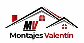 Logotipo: Silueta de casa con texto "MV" y "Montajes Valent&iacute;n". Colores rojo y negro.
