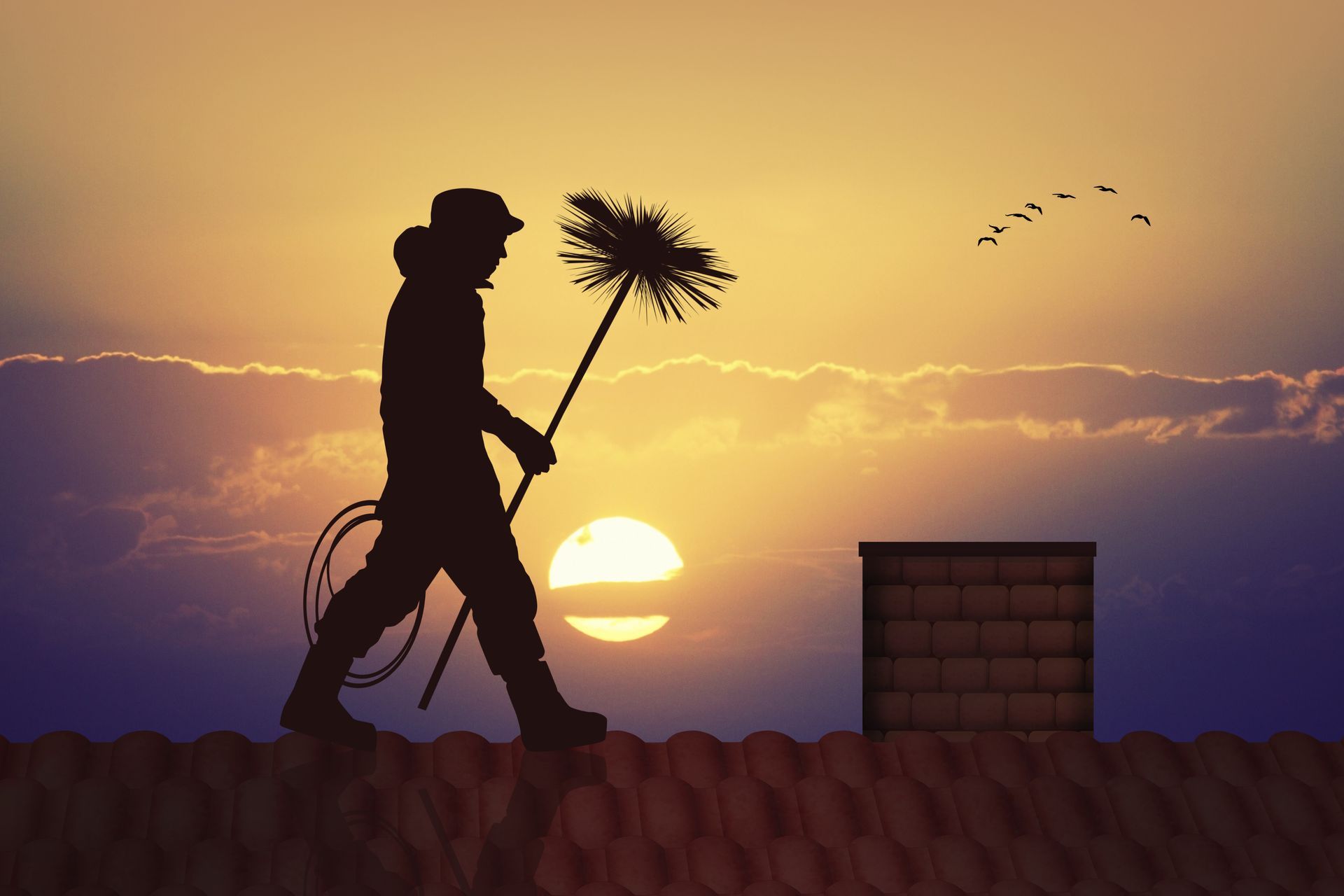 Un ramoneur sur un toit et un coucher de soleil.