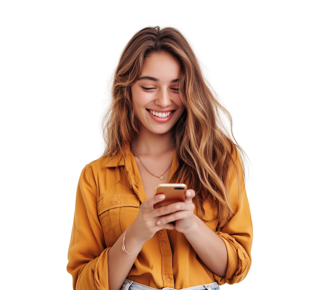 Une femme souriante sur son téléphone.