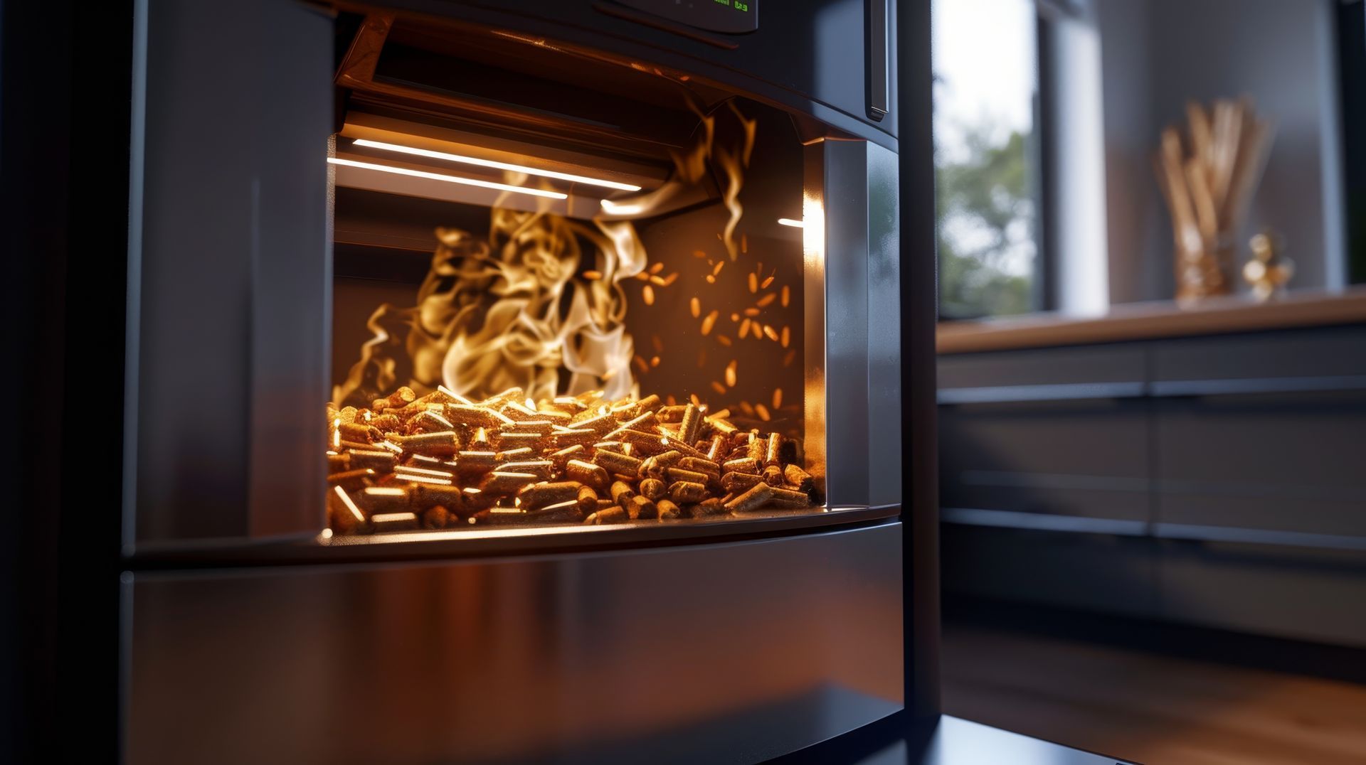 Une flamme et des pellets dans un poêle.