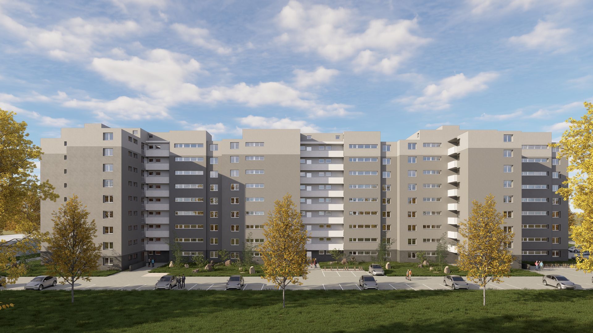 Mehrstöckiges Wohngebäude mit grau-weißer Fassade unter blauem Himmel mit einigen Bäumen.