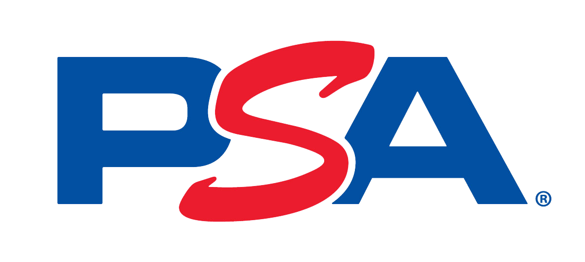 Das PSA-Logo ist blau und rot auf weißem Hintergrund.