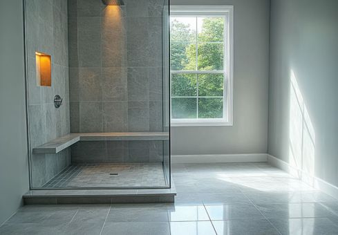 Modernes Badezimmer mit grau gefliester Dusche, Glastür, Sitzbank und Fenster mit Tageslicht.