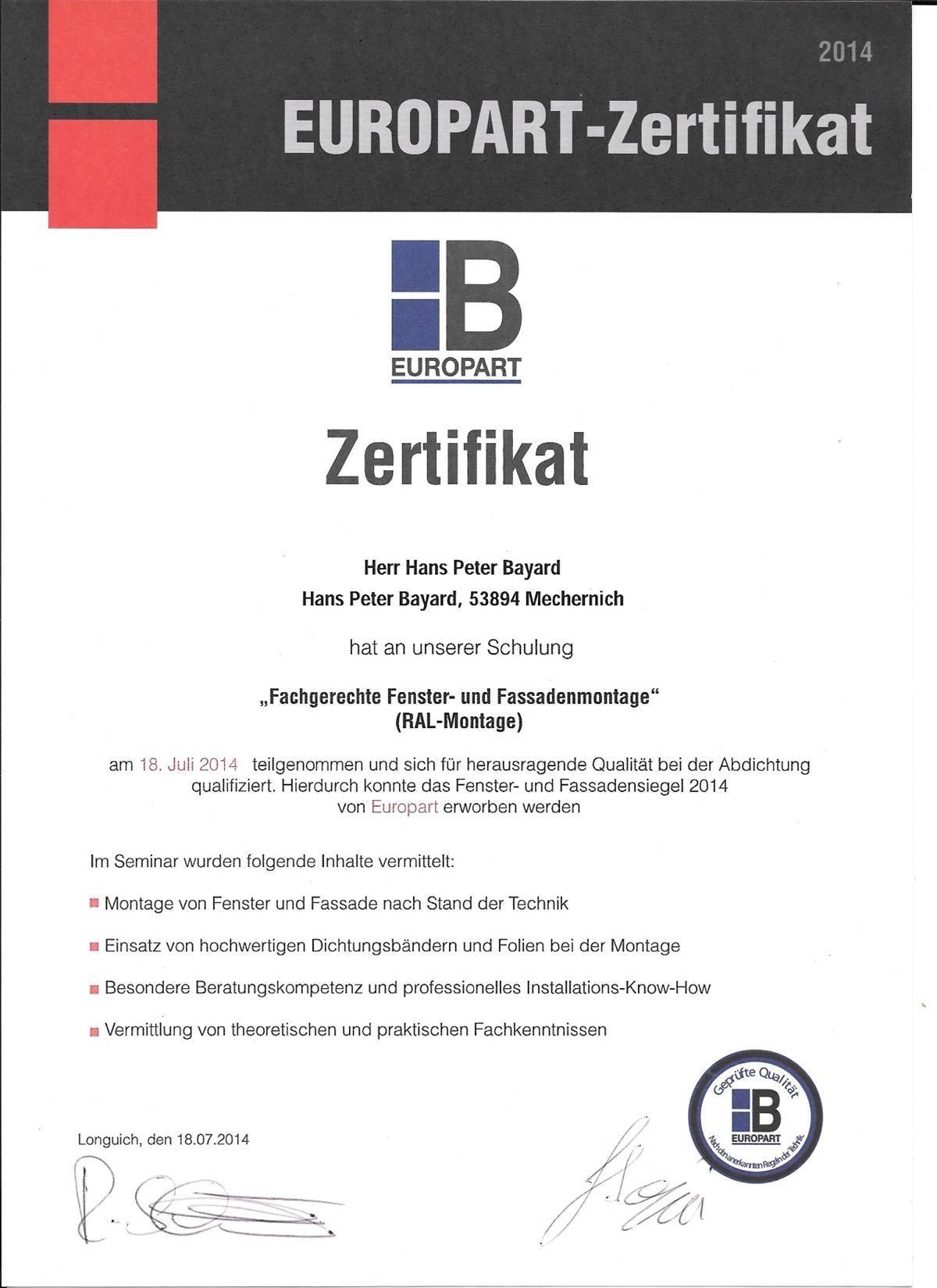 Es handelt sich um ein Zertifikat auf dem Europart-Zertifikat steht.