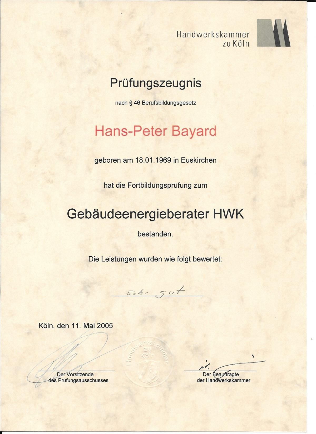 Auf einem Zettel steht eine Urkunde für Hans-Peter Bayard.