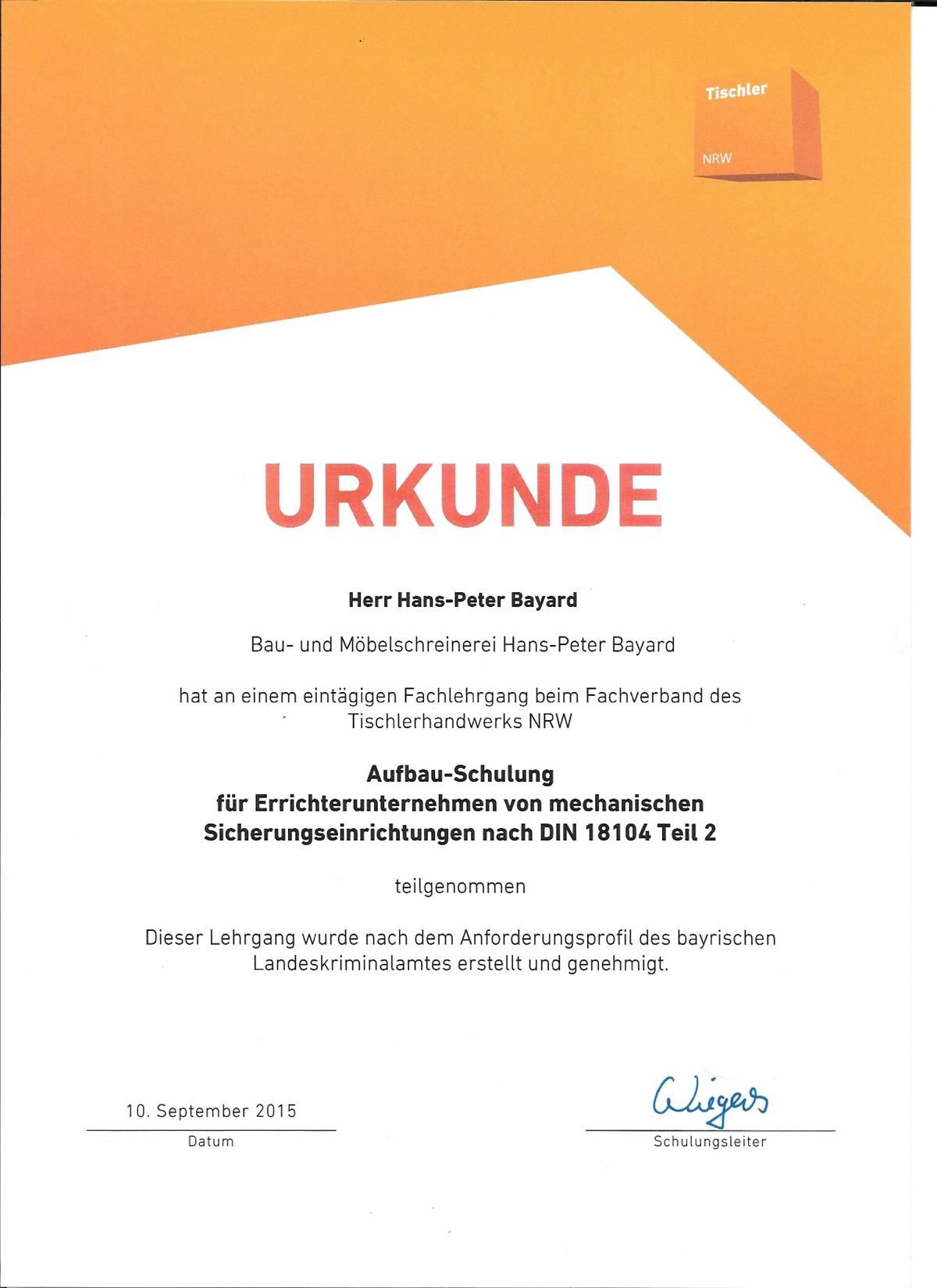 Ein orange-weißes Zertifikat mit dem Wort Urkunde darauf