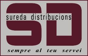 Logotipo de Sureda Distribucions, con letras grandes "SD" en color burdeos, texto "sureda distribucions" y "siempre a tu servicio" sobre un cuadrado gris.