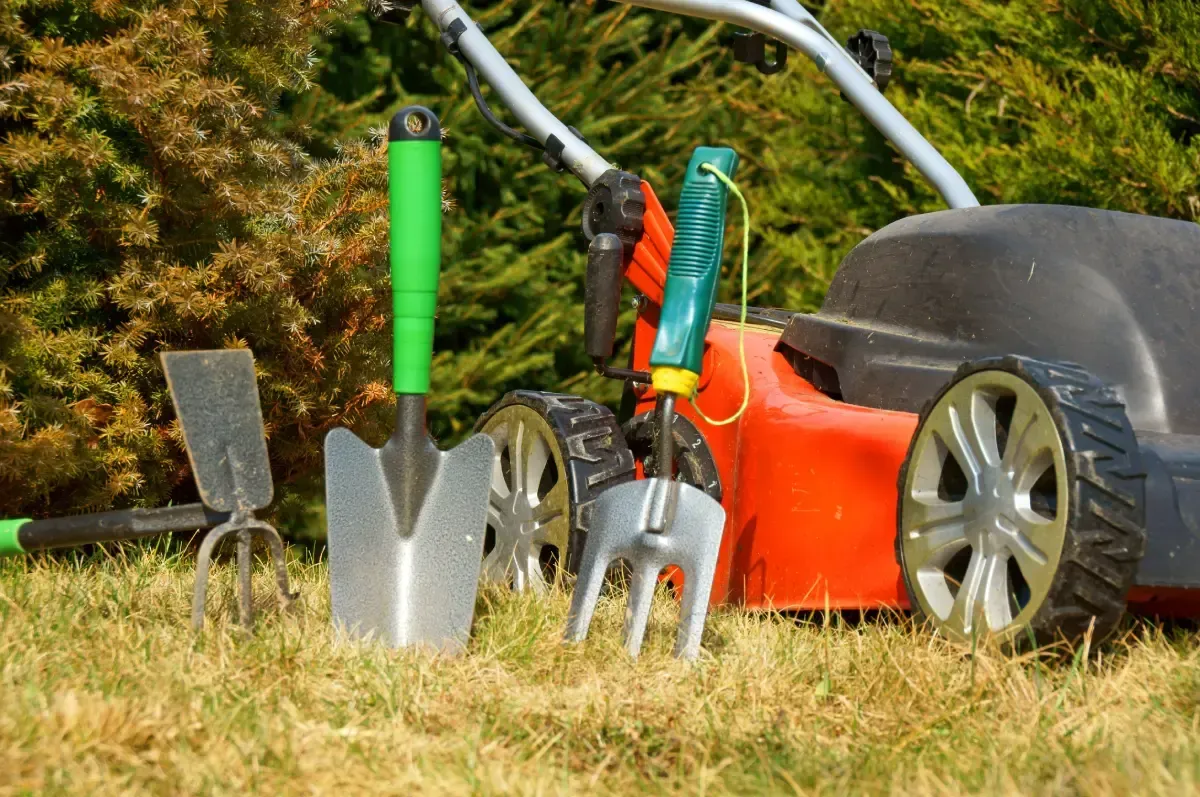 Herramientas de jardinería en el césped con una cortadora de césped al fondo.
