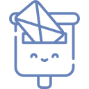 Caja abierta sonriente con un avión de papel y un cable que sobresale, delineada en azul.