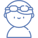 Dibujo sencillo en azul de una persona sonriente con gafas protectoras y una diadema, dejando ver sus hombros.