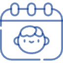 Icono de línea azul que representa una cara sonriente dentro de una página redondeada de un calendario o agenda.