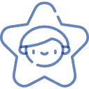 Cara sonriente dentro de una estrella con contorno azul y sombrero, sobre un fondo blanco.