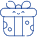 Caja de regalo azul con dibujo lineal, lazo y lunares, y una carita sonriente en la tapa.