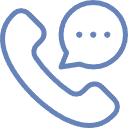 Contorno azul de un teléfono con una burbuja de chat y tres puntos, que representan un icono de llamada o mensaje.