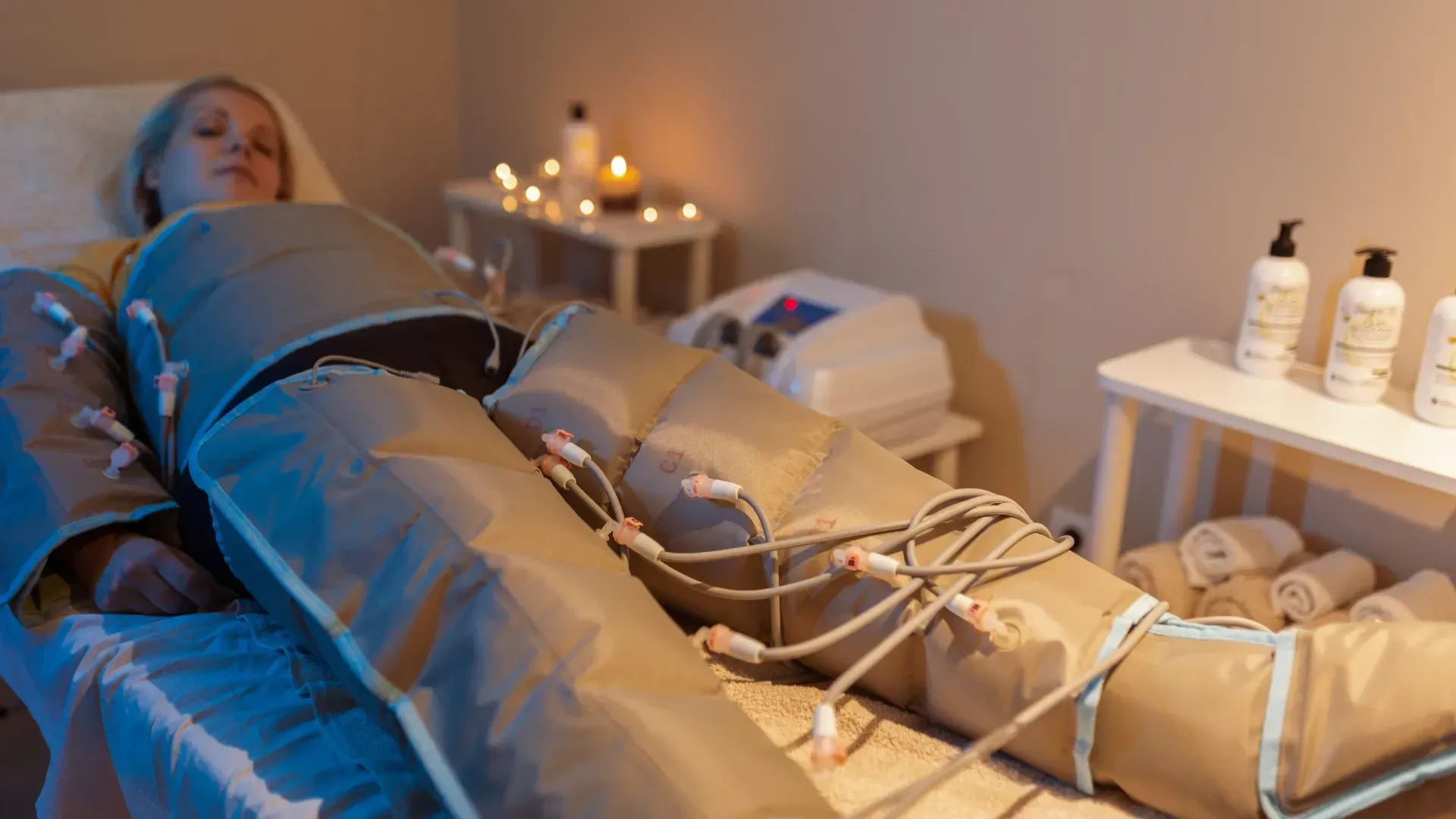 Mujer en un tratamiento de spa, usando mangas de terapia de compresión en las piernas, acostada en una cama.