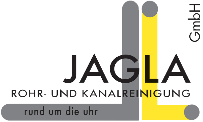 Logo für Jagla, ein Rohr- und Kanalreinigungsunternehmen. Graue und gelbe Rohre bilden Buchstaben