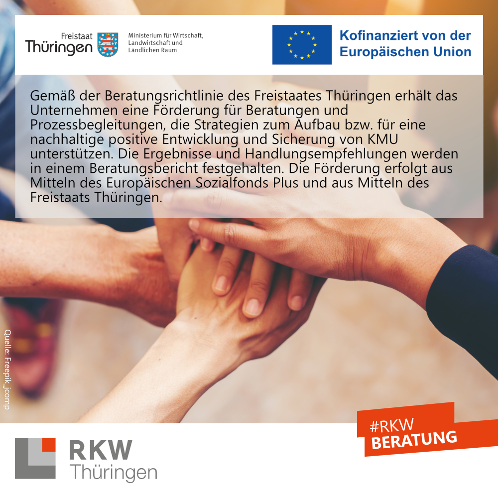 Hände in Handarbeit: Werbung für von der EU und Thüringen geförderte Unternehmensberatungen.
