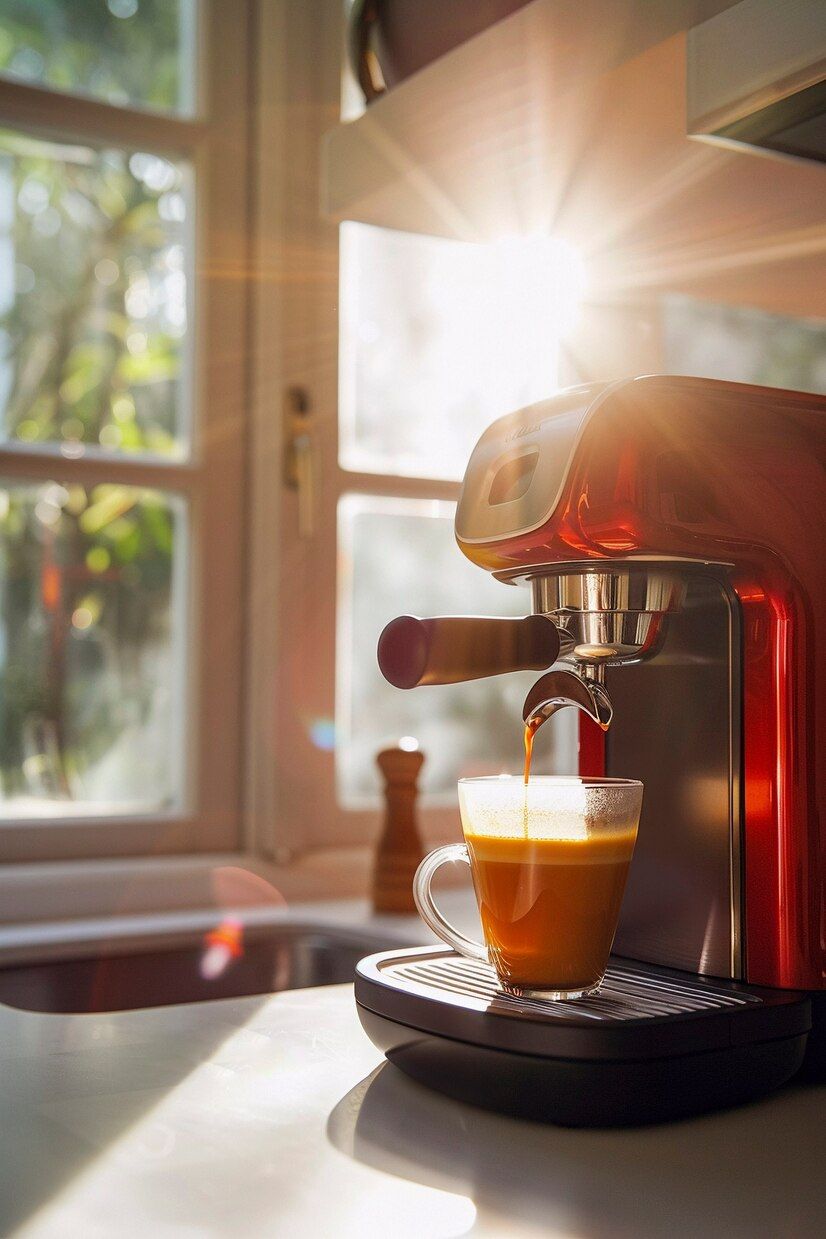 Una cafetera está preparando una taza de café en una cocina.
