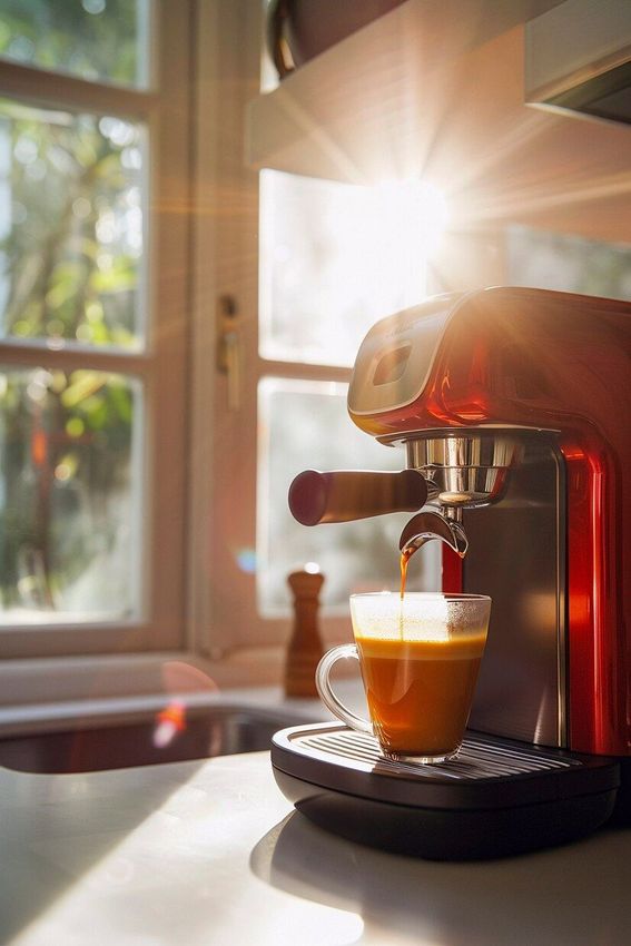 Una cafetera está preparando una taza de café en una cocina.