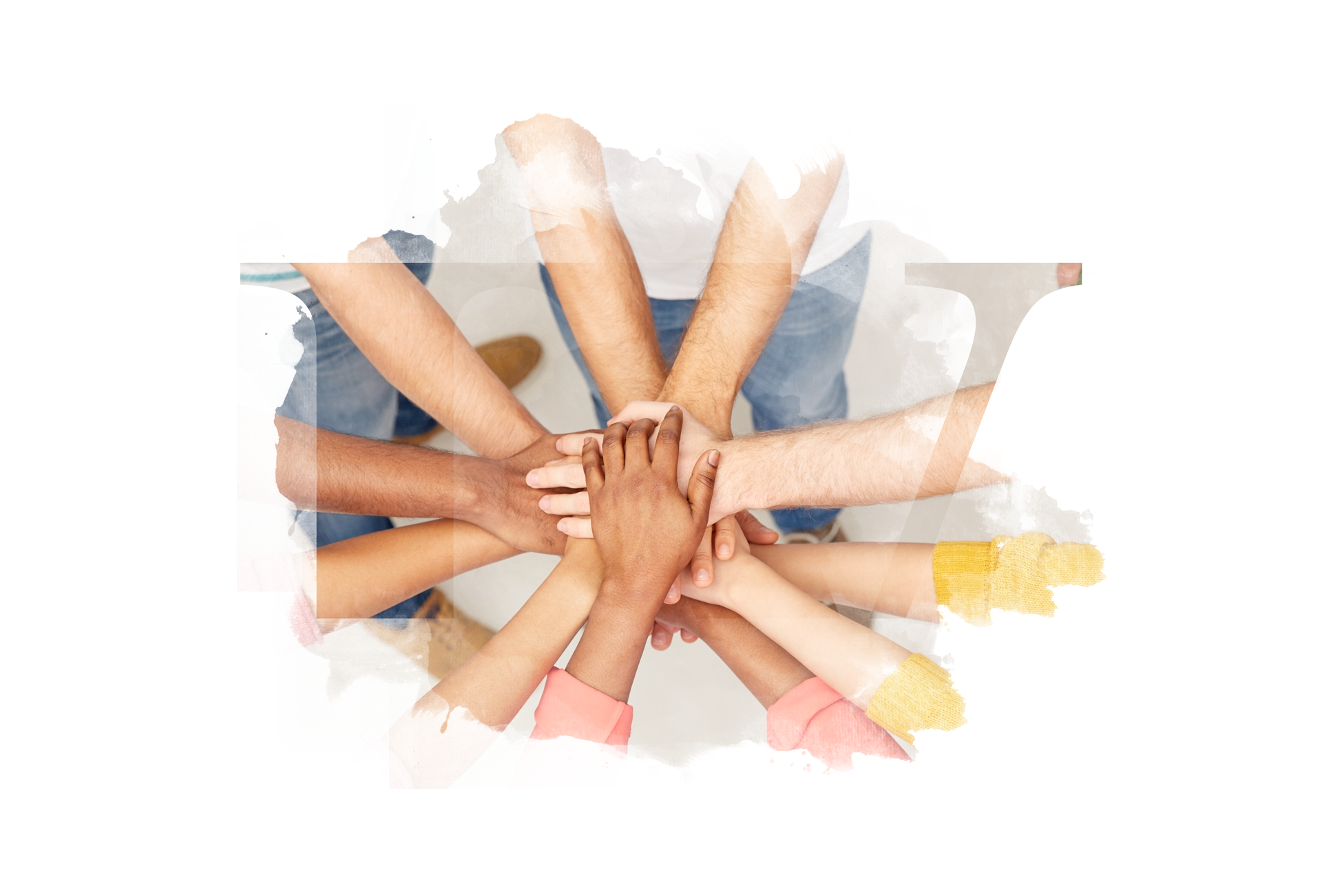 Eine Gruppe von Menschen, die ihre Hände zu einem Kreis zusammenlegen.