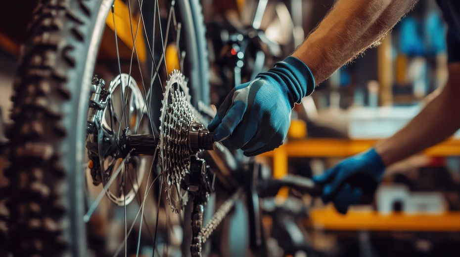 Nettoyage de la chaîne d’un vélo par une personne avec la main gantée