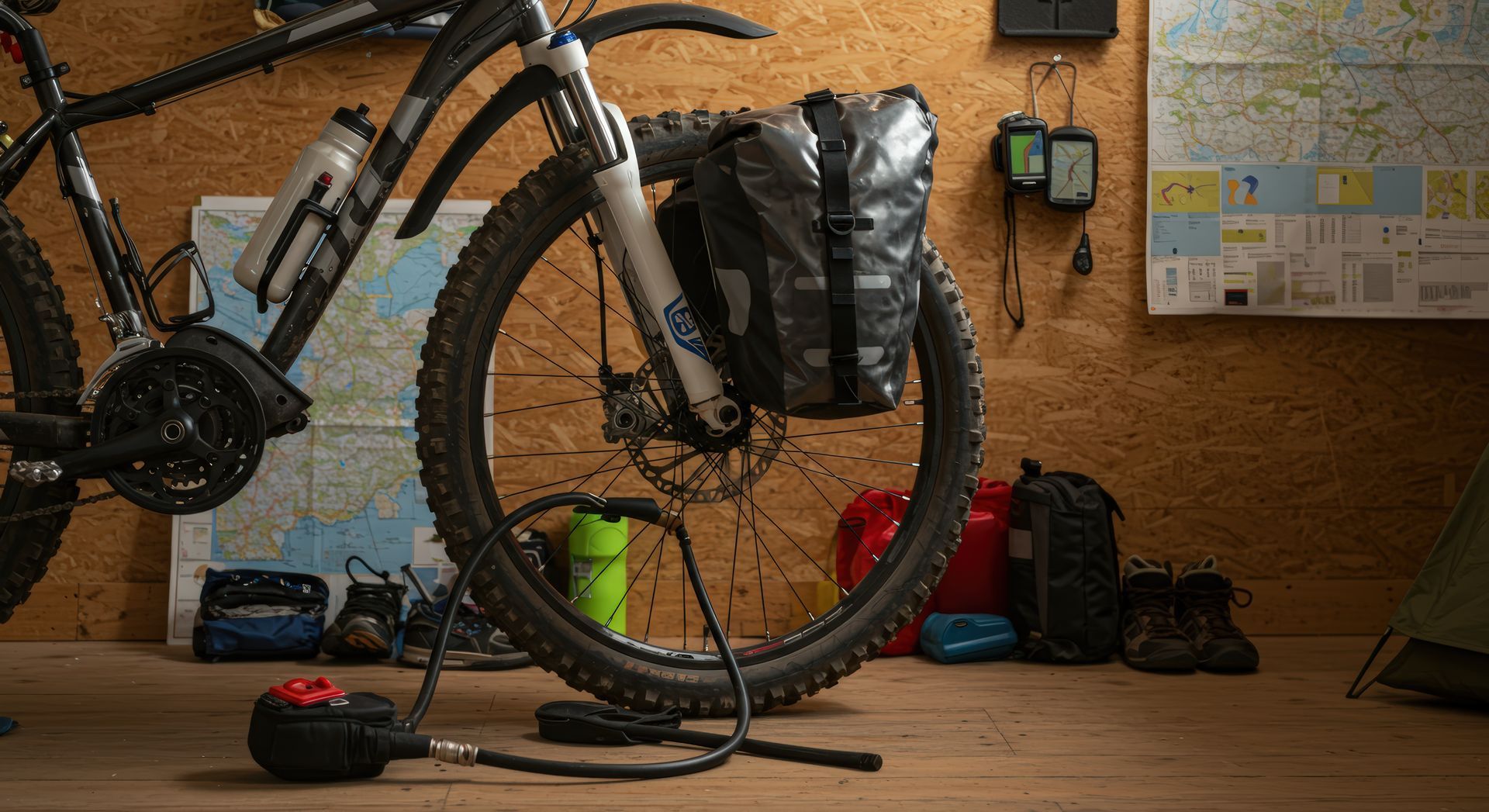 Vélo équipé de sacoches et d’accessoires de voyage accroché à un mur