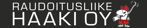 Raudoitusliike Haaki Oy:n logo, jossa valkoista tekstiä tummalla taustalla ja pieni maskotti oikealla
