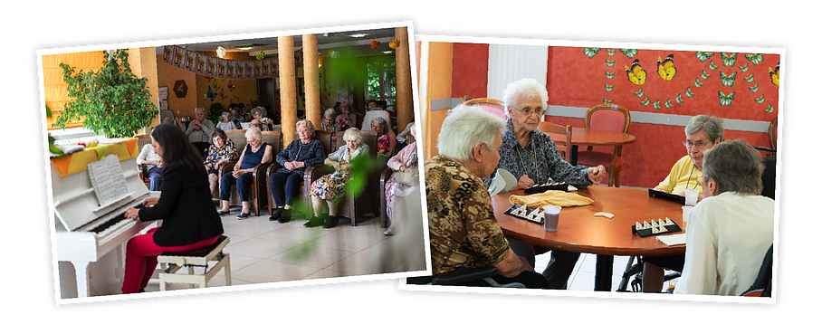 Dame qui joue au piano et table de jeux