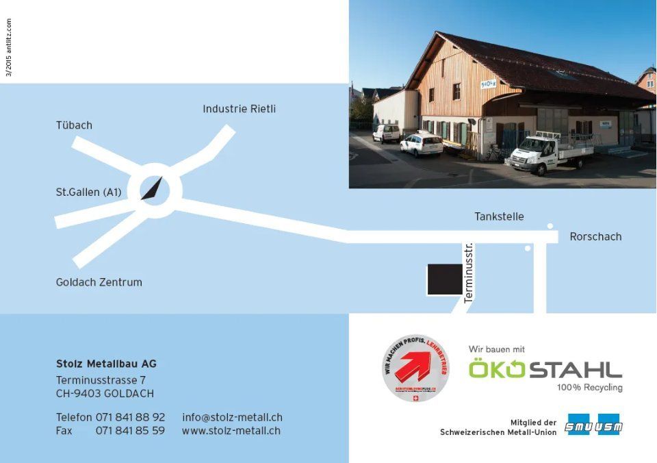 Karte und Foto eines beigefarbenen Industriegebäudes mit Zufahrtsstrassen, dem ÖKO-STAHL-Logo und Kontaktdaten.