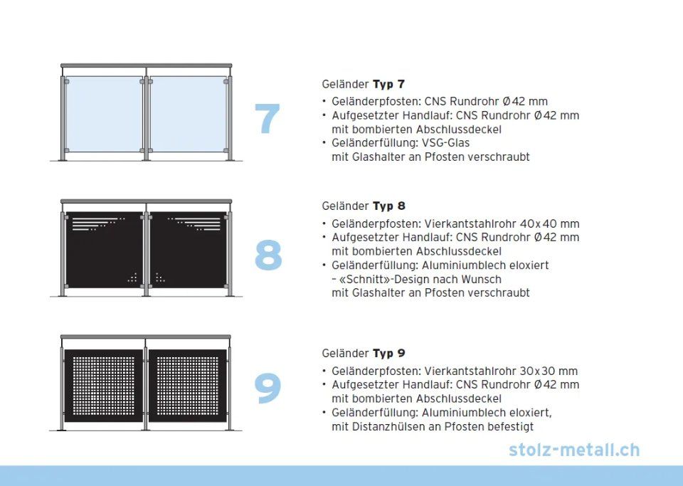 Drei Beispiele für Fenster- und Türprodukte, gekennzeichnet mit 7, 8 und 9, auf einer weissen Broschürenseite