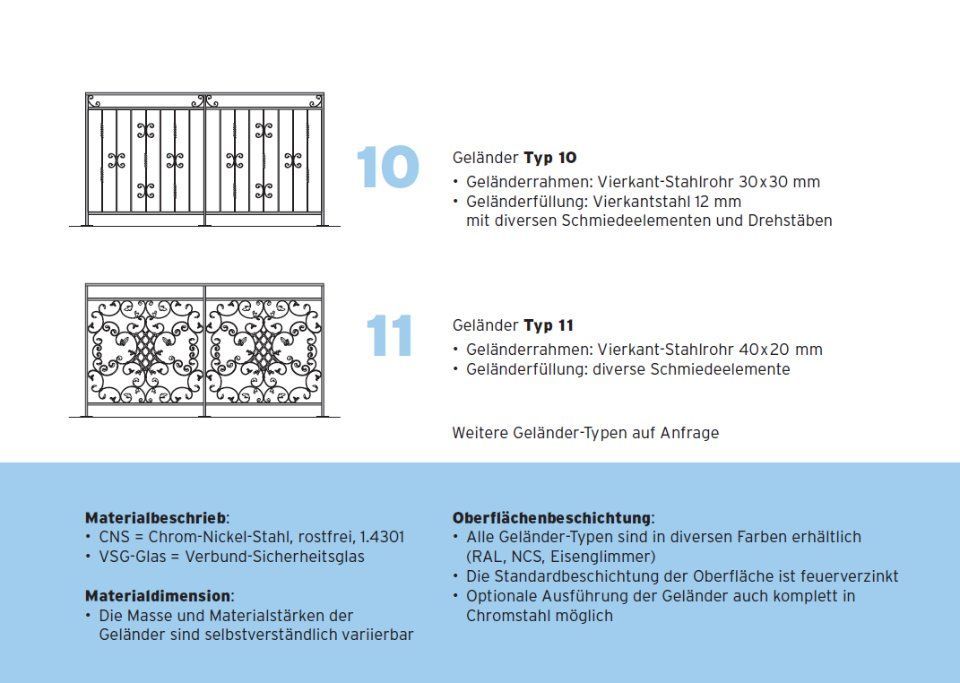 Broschürenseite mit Abbildungen dekorativer Metalltor-Designs, gekennzeichnet mit 10 und 11, mit deutschem Text und Massangaben.