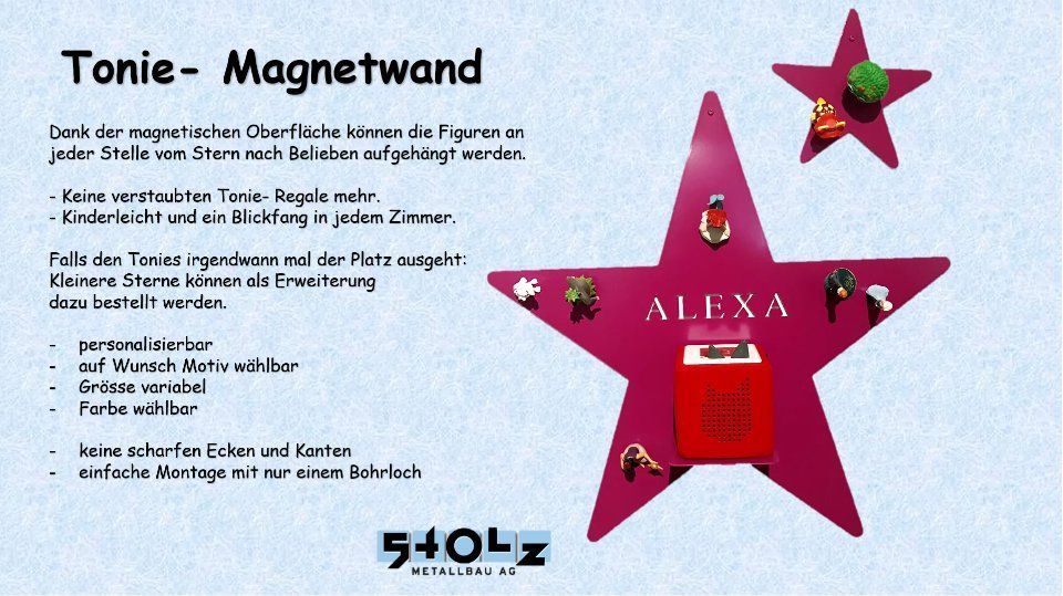 Magenta sternförmiger magnetischer Wandhänger mit rotem Clip und der Aufschrift „ALIXA“, abgebildet neben einer deutschen Anleitung.