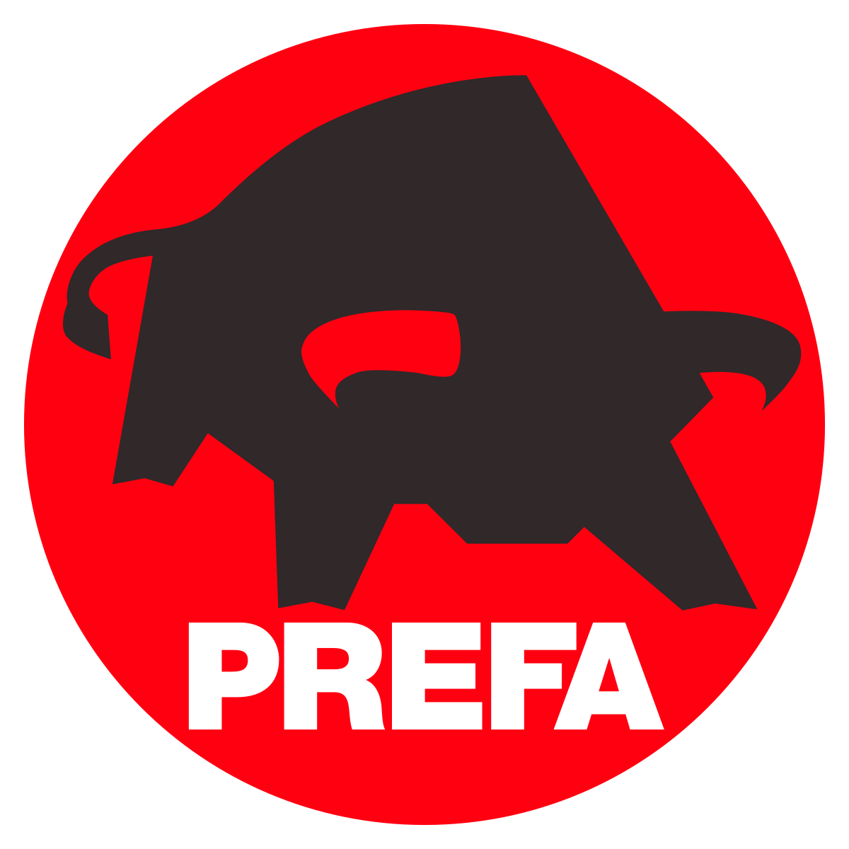 Rotes Kreislogo mit dunkler, stilisierter Form und dem weissen Schriftzug „PREFA“ am unteren Rand
