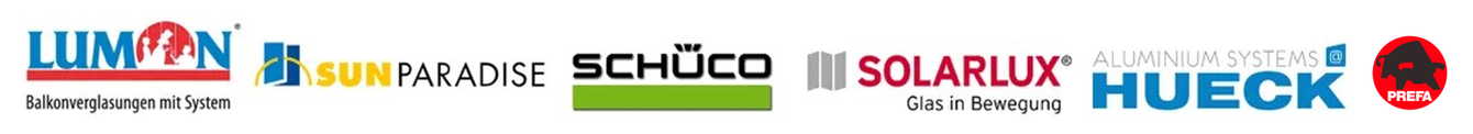 Markenlogos: Lumon, Sun Paradise, Schüco, Solarux und Hueck auf einem weissen Banner