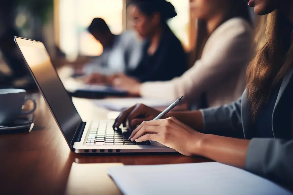 Mujer escribiendo en un ordenador portátil en una mesa, trabajando con otras personas en una oficina bien iluminada.
