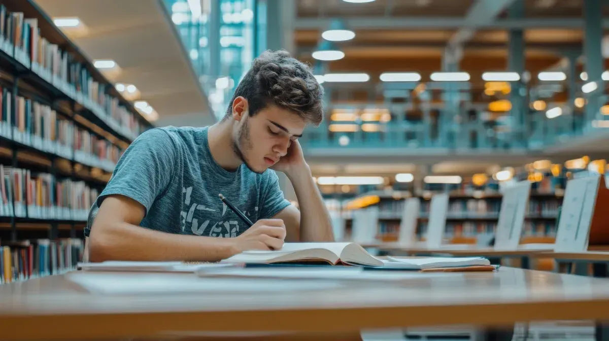 Joven estudiando en un escritorio de la biblioteca, escribiendo en un libro. Rodeada de estanterías, iluminación tenue.
