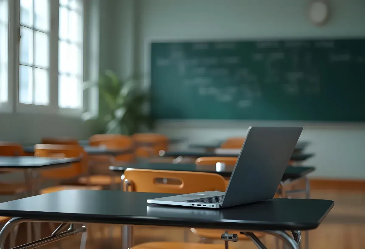 Ordenador portátil sobre una mesa en un aula vacía con pizarra, ventanas y pupitres de alumnos.