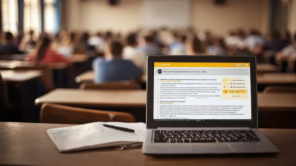 Ordenador portátil abierto sobre una mesa en el aula; alumnos al fondo.