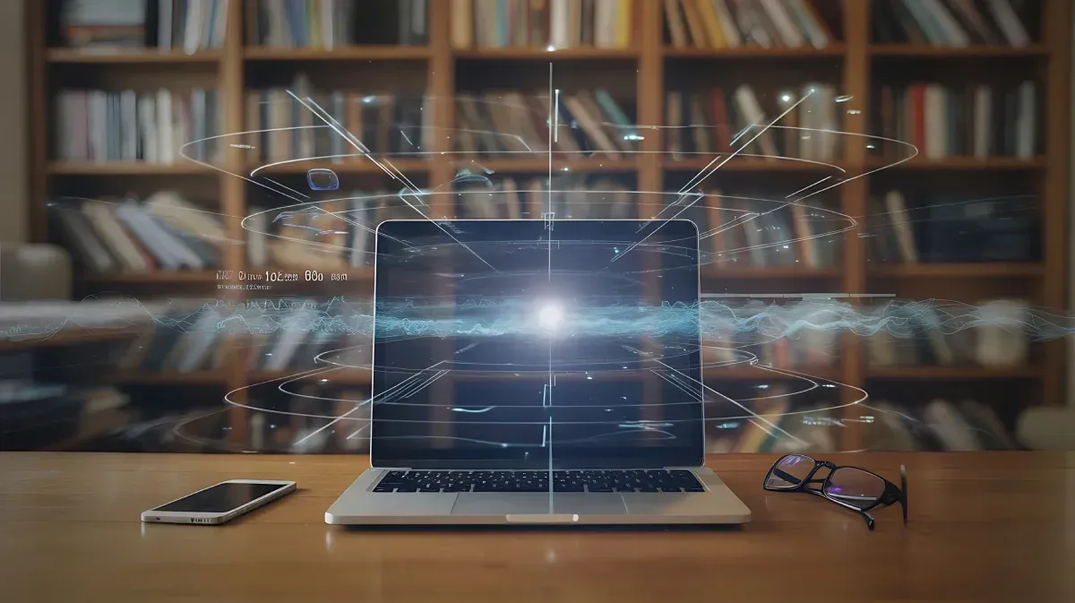 Ordenador portátil con superposición de datos digitales sobre una mesa en la biblioteca, junto a un teléfono y unas gafas.