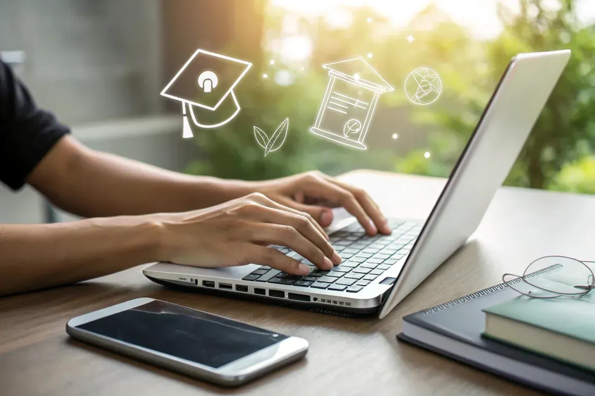 Persona escribiendo en un portátil, estudiando, con iconos relacionados con la educación flotando encima.