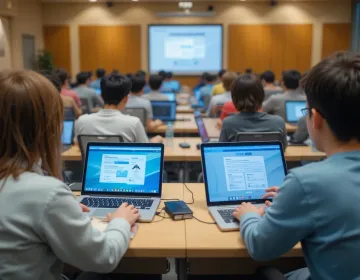 Estudiantes en un laboratorio de computación, concentrados en sus computadoras portátiles