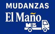 Logotipo para Mudanzas El Maño, una empresa de mudanzas, que presenta texto y un ícono de camión sobre un fondo azul.