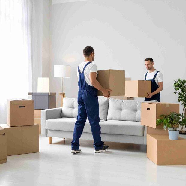 Dos trabajadores de mudanzas con monos azules que transportan cajas de cartón en una habitación luminosa.