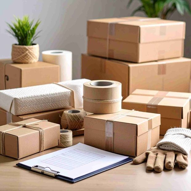 Cajas y suministros de envío: un portapapeles con documentos, rollos de cinta, cordel, guantes y una planta.