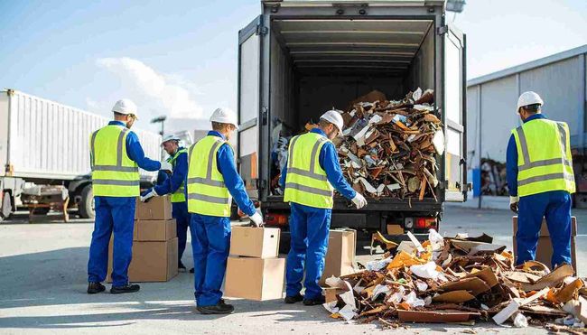 Trabajadores con chalecos de seguridad y cascos cargan cajas de cartón y escombros en un camión en una planta de reciclaje.
