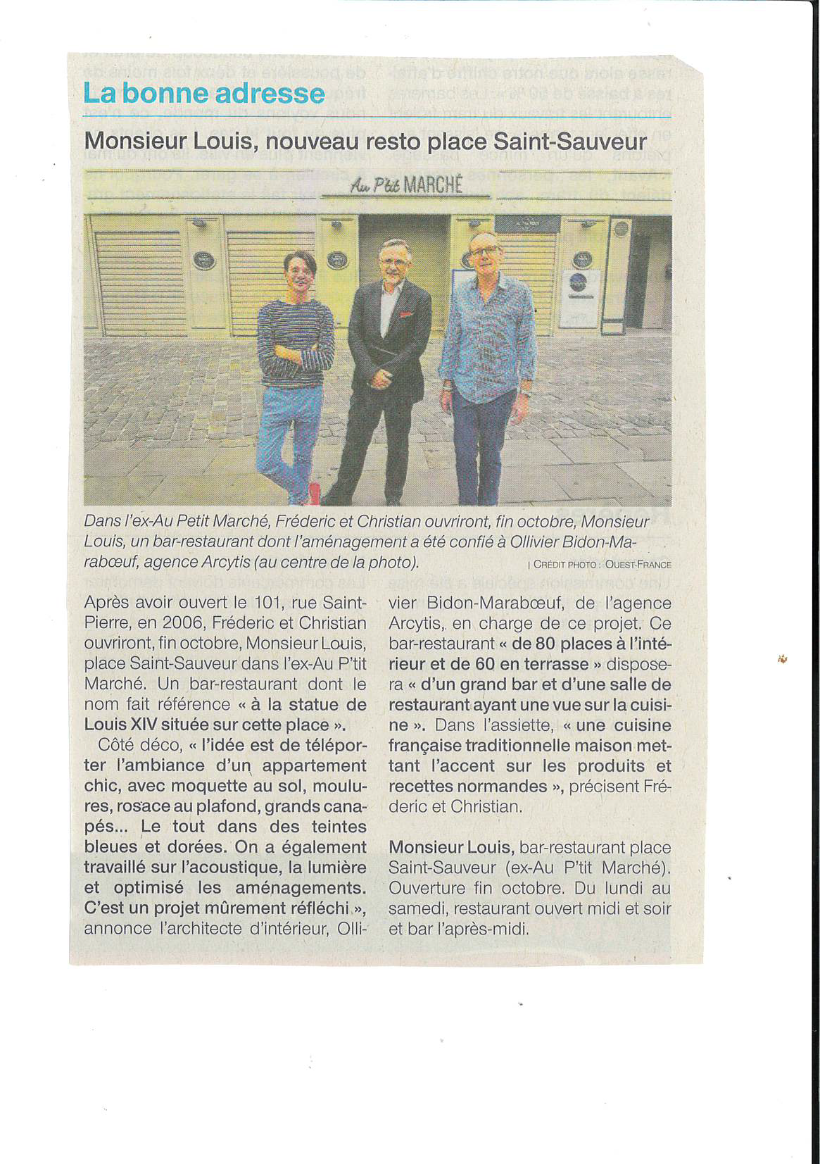 Article de presse pour le restaurant Monsieur Louis.