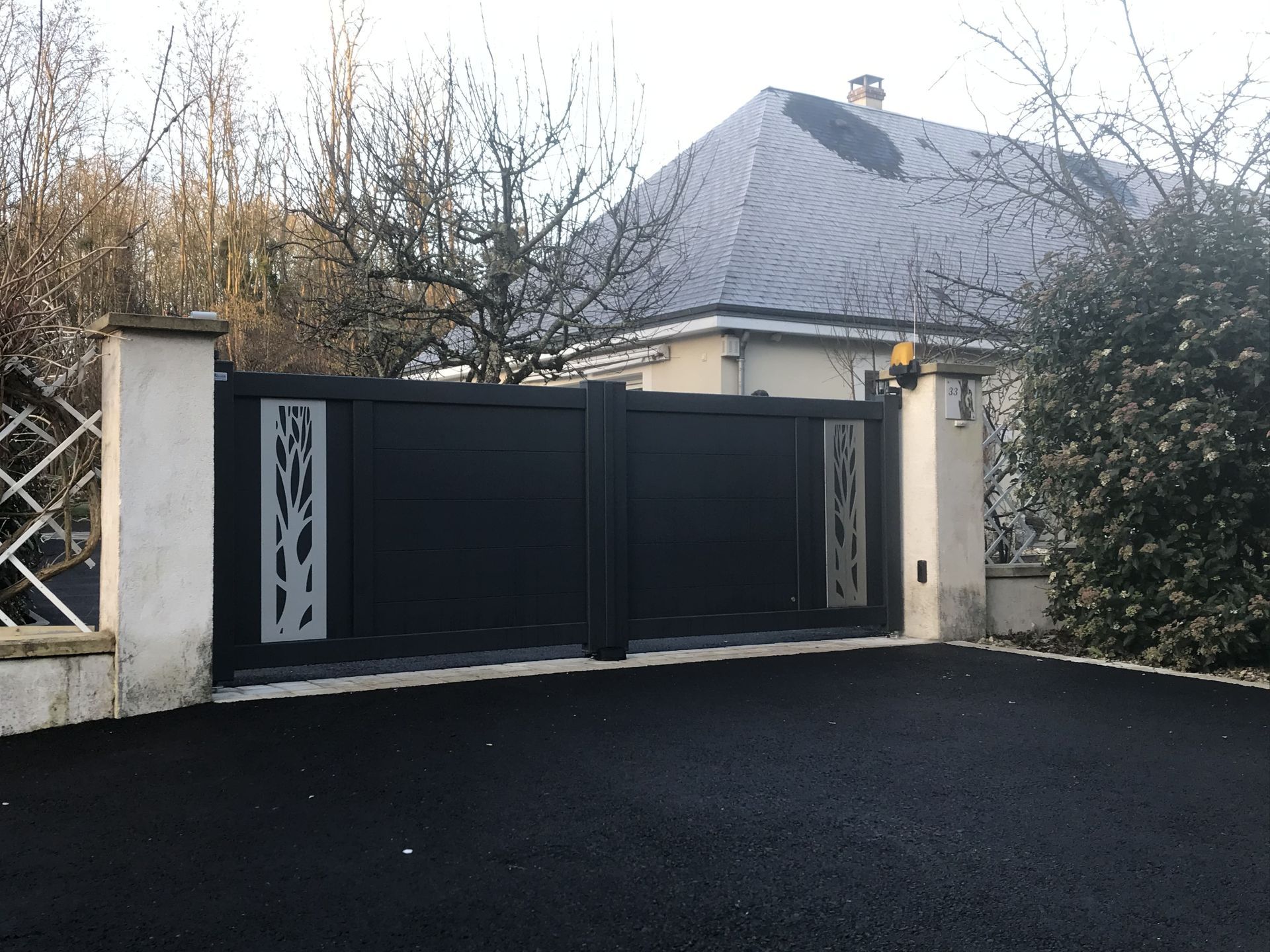 Portail noir avec motifs de chaque côté